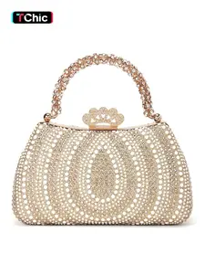 Luxurious Rhinestone Pearl Evening Bag, Elegant Box Clutch with Crystal Handle, Floral Lock, Shoulder Strap, Party Wedding Easter Graduation, Evening Clutch Purse, Elegant Handbag