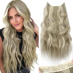 SummerVibes AISI HAIR Invisible Wire Hair Extensions with Transparent Headband, Adjustable Size 4, Secure Clips, Long Wavy Hairpiece for Women Curly Honey Blonde