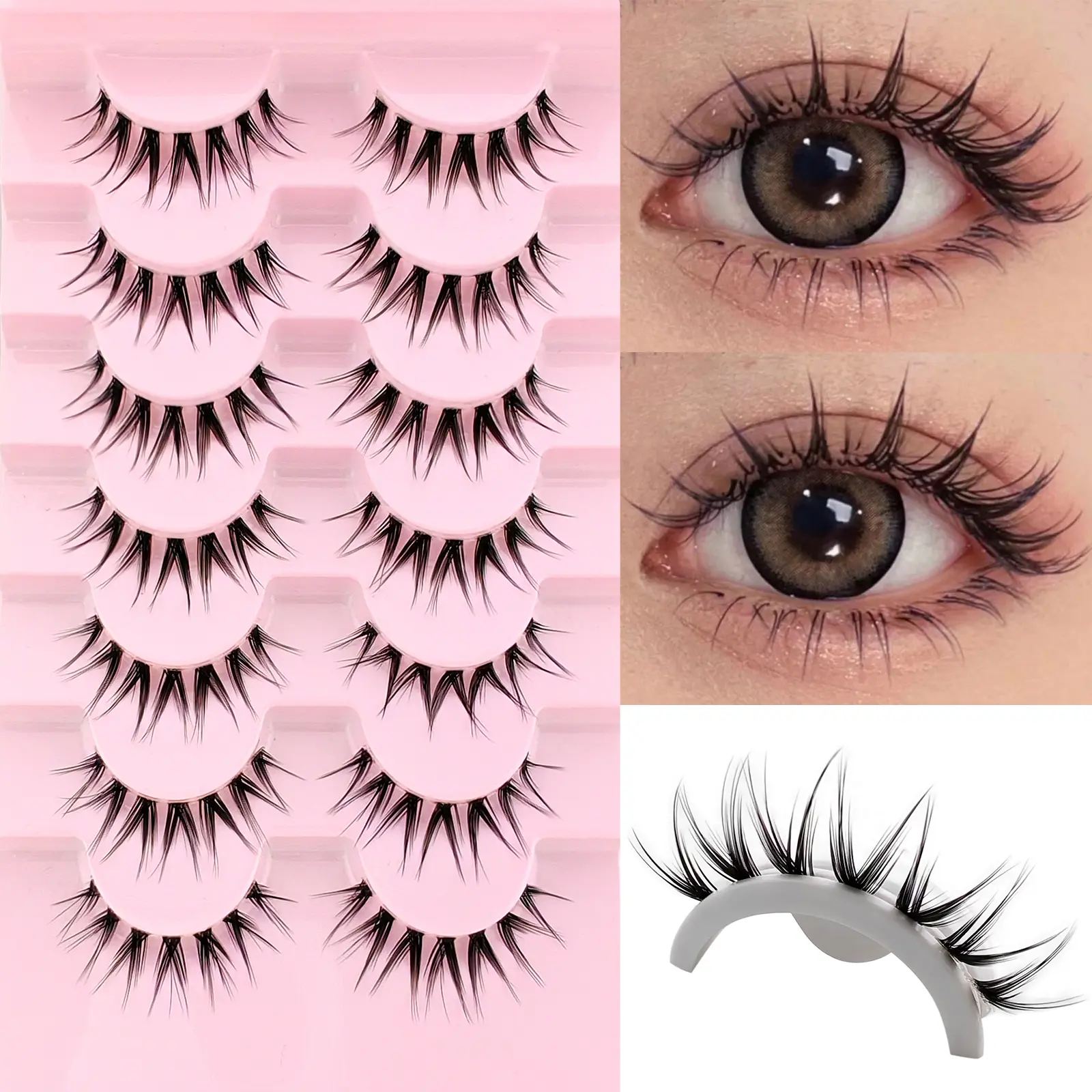 7 Pairs Transparent Stem Anime Cosplay False Eyelashes, Natural Cross Design, Comfortable Universal Fit, Cartoon Manga Lashes, Makeup, Cosmetic, Daily, Eyelash Set, Fake Eyelashes