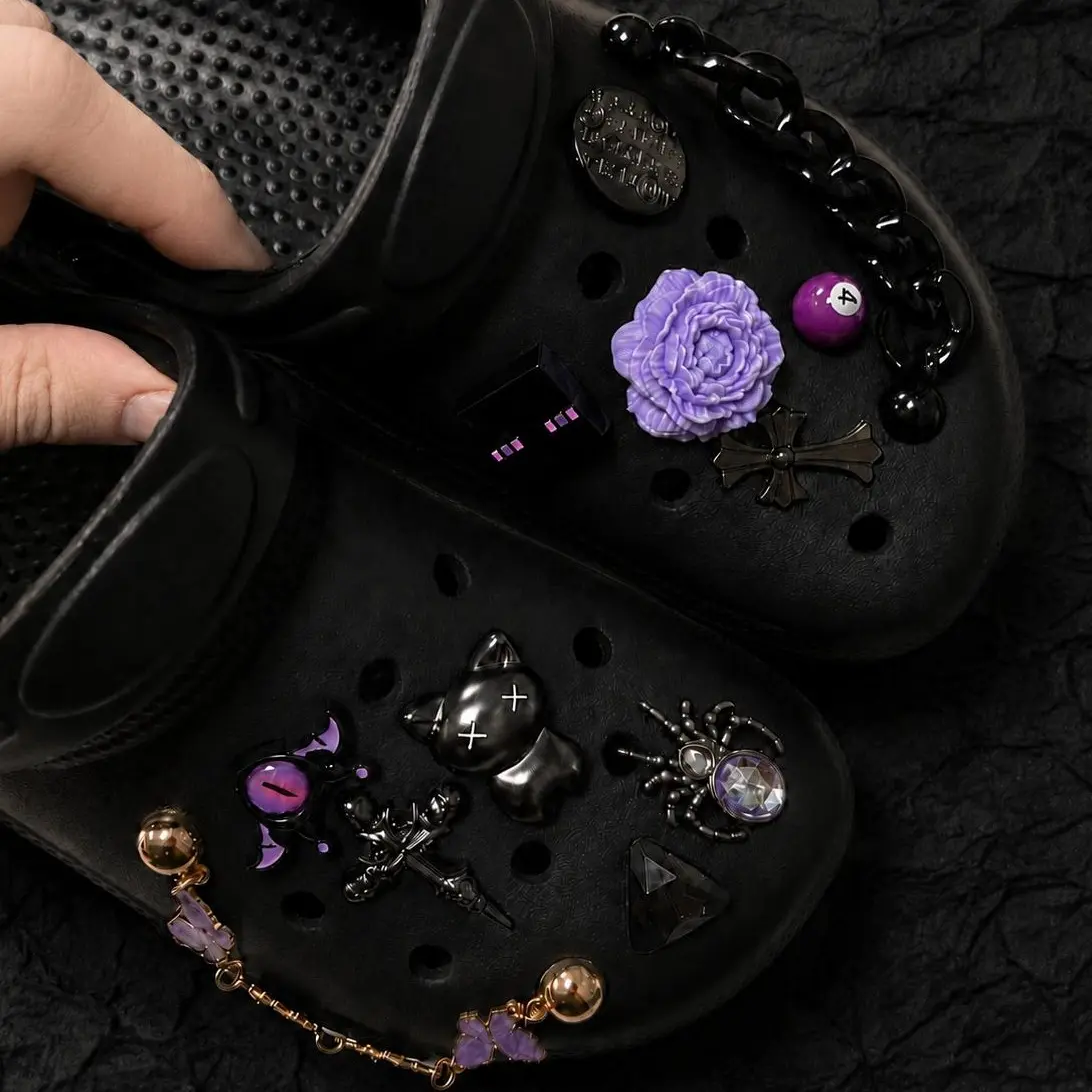 12PCS Purple Black Gothic Clog Shoe Charms Set, Halloween Bat Spider Cross Cat Flower Decorations with Butterfly & Chunky Chains, Y2K Punk Shoe Accessories