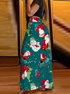 Women's All Over Christmas Print Wide Leg Pants, Casual Comfy Elastic Waist Trousers for Daily Wear, Ladies Bottoms for All Seasons