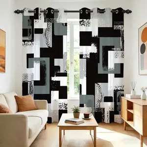 Blackout Black Grey Abstract Geometric Curtains, Light Blocking Grunge Splatter Art Window Drapes for Bedroom Living Room,  Bedroom, and Office,Twith Grommet Top 2 Panels