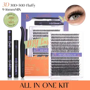 Lash Clusters Kit, 280Pcs Eyelashes Clusters Extensions Kit 9-16mm Individual Lashes D Curl Fluffy Wispy False Eyelashes Thin Band with Bond Seal Tweezers DIY (30D+50D Kit 9-16mm)
