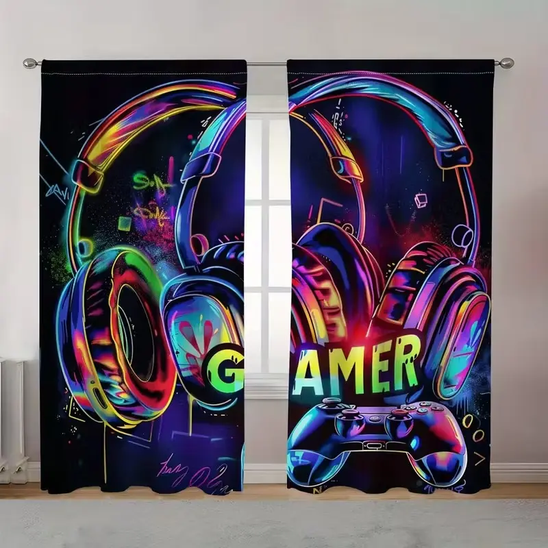 Game Controller Theme Curtain Set, Home Decoration Curtain, Half-Transparent Design for Room Decoration, Perfect Gift for Gamers and Gaming Enthusiasts