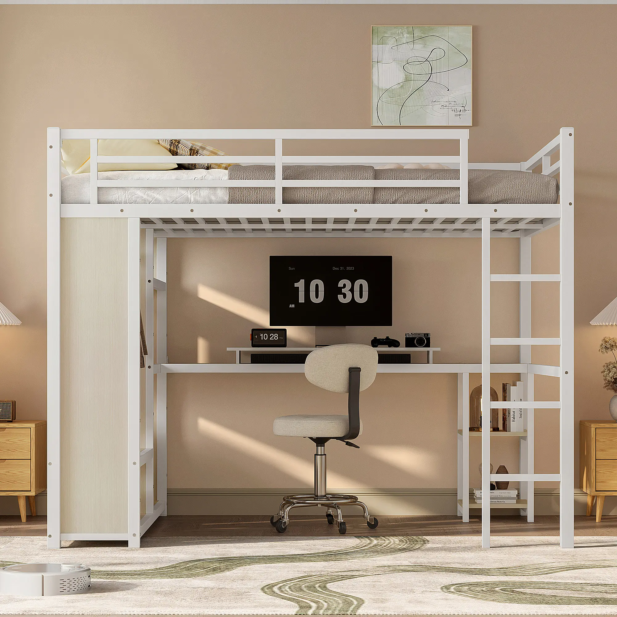 bed frame loft  bed Frame with Built-in Wardrobe ,Metal Loft Bed with Desk and Storage Shelves  for  apartments Kids Furniture Bedroom Minimalist Platform Bed
