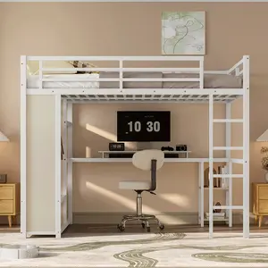 bed frame loft  bed Frame with Built-in Wardrobe ,Metal Loft Bed with Desk and Storage Shelves  for  apartments Kids Furniture Bedroom