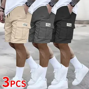 Menswear Men's Mid-Length Polyester Cargo Shorts - Black, Loose Fit, Functional Pockets, Drawstring Waistband, Stylish, Suitable for Sports, Everyday Wear - Men's Bottoms