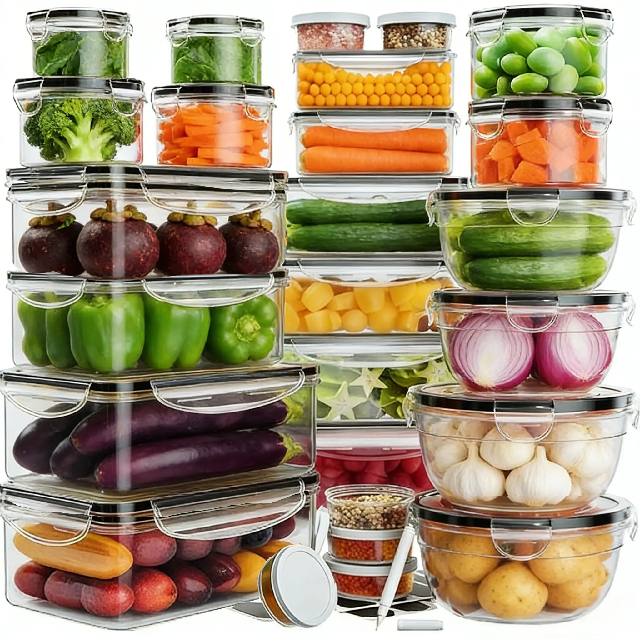 42Pcs Stackable Plastic Food Storage Set - 21 Containers (Square, Round, Rectangle) with 21 Lids, Leakproof, Airtight, BPA-Free, Reusable, Includes Labels, Marker & Utensils for Kitchen Organization