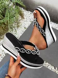 Women's Wedge Heel Sandals, Thick Sole Platform Design, Fashion Sweet Rhinestone Decor, Spring Summer New Series, Multi-Functional Outdoor Wear