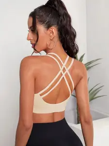 Seamless High Elasticity Criss-Cross Strap Solid Color Sports Bra Mint Blue Backless Yoga Studio Bra Medium Support Wireless