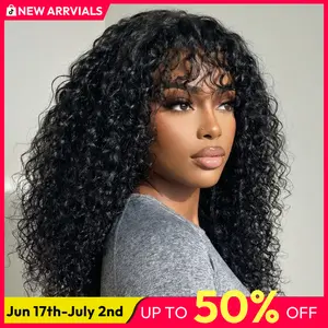 UNice 200% Shaggy Waves Big Hair Wigs with Bangs Glueless 4X0.75 Lace T Part Human Hair Wigs Pre-Styled Wig with invisi Drawstring summer wig Dealforyoudays