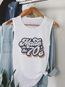Women's Made in The 70's Letter Print Round Neck Tank Top, Casual Sleeveless Top for Daily Wear, Ladies Clothes for All Seasons, Socks