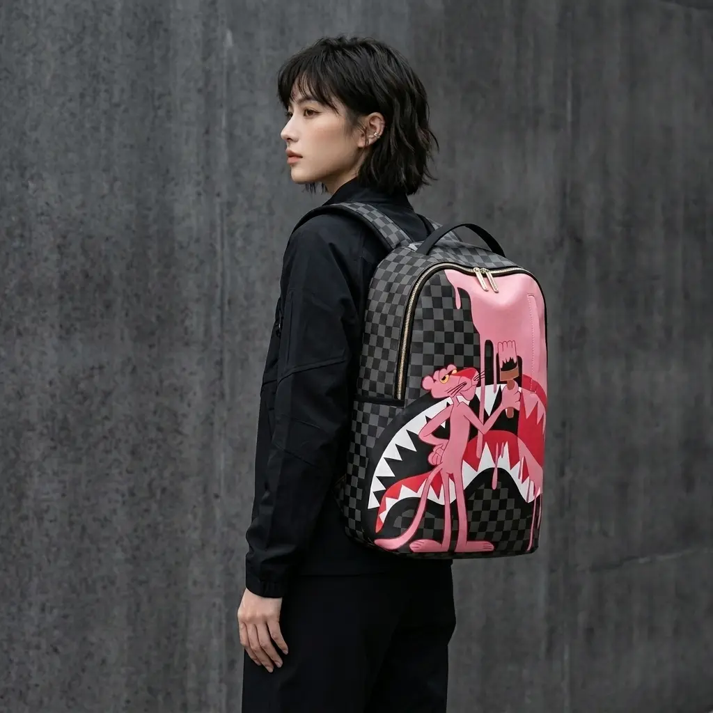 Pink Panther Pink Painter Backpack Checkered Shark Mouth Graphic School Bookbag Water Resistant Streetwear Laptop Bag, Trendy Backpack for Teens, Cool Graphic Backpack, Large Capacity School Bag, Casual Travel Backpack, Back to School Supplies