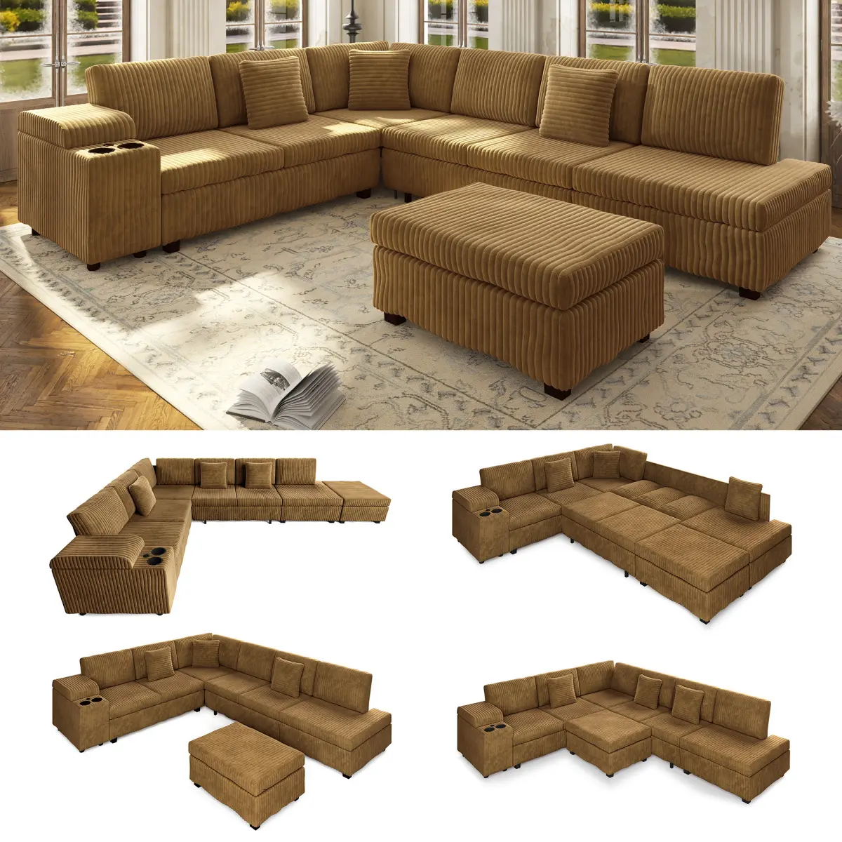 Aobtkel 110.2" Width L-Shape Sectional Sofa - Convertible Sleeper Sofa Sectional Couch, Space Saving Furniture, Removable Ottoman, Hidden Armrest Storage, USB Ports, Cup Holders, Plush Corduroy Fabric, Requires Assembly (Black) for Living Room