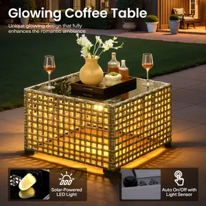 Ovios Outdoor Patio Table with Solar Light, Wicker Rattan Side Table with LED Solar Powered Light, All-Weather Coffee Table with Durable Frame for Backyard Garden Deck Porch Balcony Seating Area