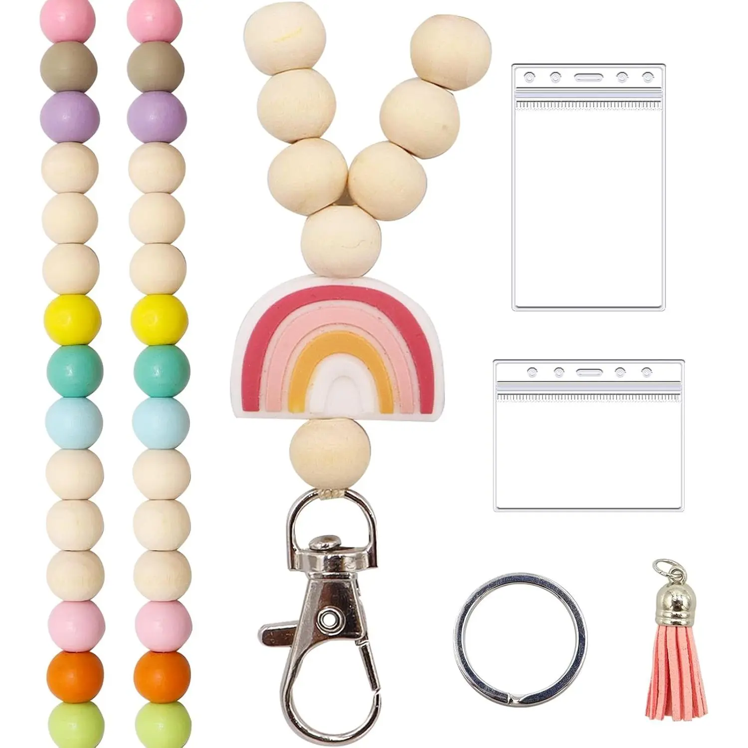 BYH20 Wooden Beaded Cute Lanyard - ID Card Holder, Name Tag Lanyard for Teachers, Fashionable Colorful Keychain Accessory for ID Badges, Cute Lanyards For Id Badges