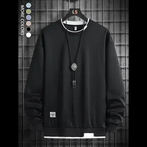 Men's 2 in 1 Letter Patched Sweatshirt, Casual Regular Fit Asymmetrical Hem & Neckline Long Sleeve Pullover for Spring & Fall, Fashion Men's Top for Daily Wear