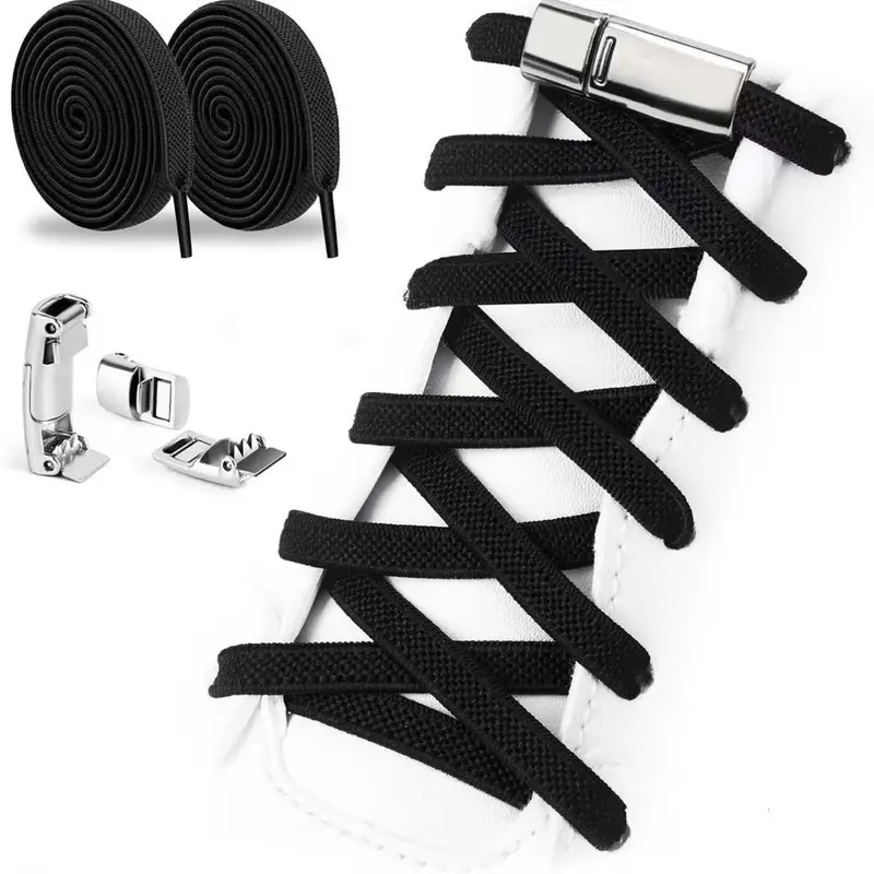 Unisex Elastic No Tie Shoelaces for Casual Sport Sneakers - Lightweight Magnetic Buckle, 1 Size Custom Fit, White & Black Footwear Accessories for Kids & Adults