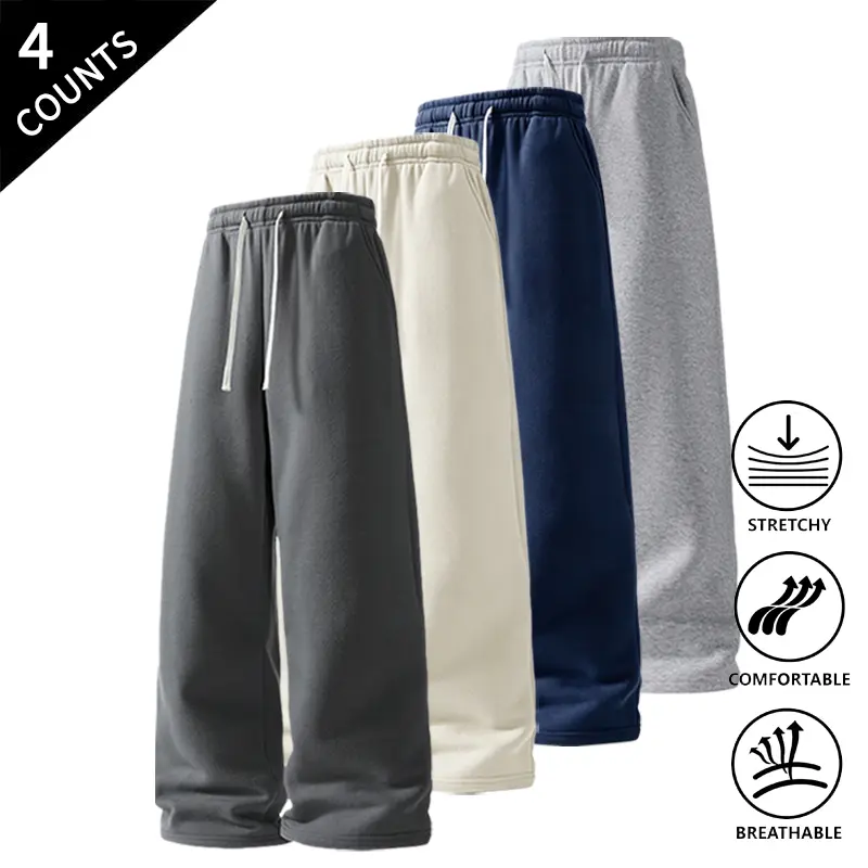 4-Pack Men’s Breathable Summer Pants, Elastic Waist Drawstring Loose Fit Trousers, Lightweight & Stretchable for Travel
