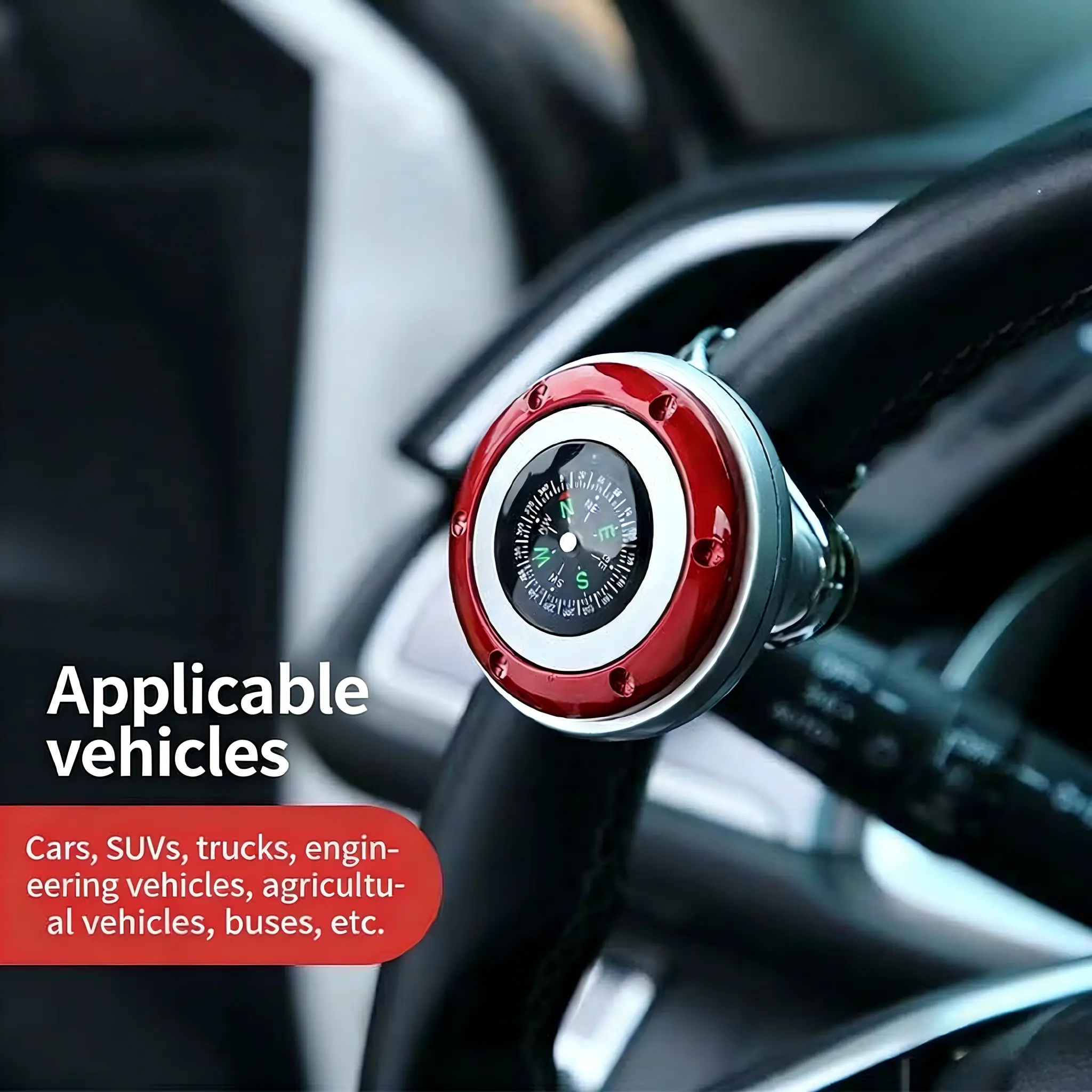 Universal Steering Wheel Spinner Knob with Built-in Compass, Weatherproof Easy-Turn Power Handle for Cars/SUVs/Trucks, Removable Install Design, Long Drives