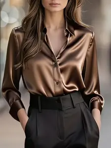 Women's Fashion Solid Color Long Sleeve Satin Commuter Shirt, Casual Button Collared Ladies' Top for Office Wear, Everyday, Stylish, Chic, Elegant and Comfortable Fitted Blouse, Womenswear