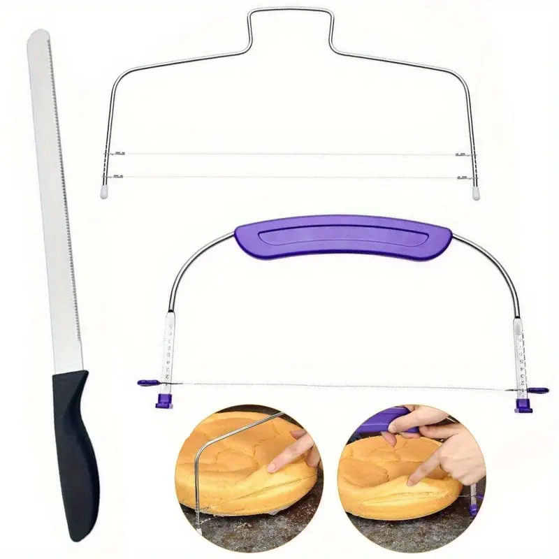 3-Pcs Adjustable Cake Leveler Tool Set - Double Wire Slicer, Stainless Steel Knife with Plastic Handle for Wedding Cake Layering, Precise Cut Hand Tool Kit