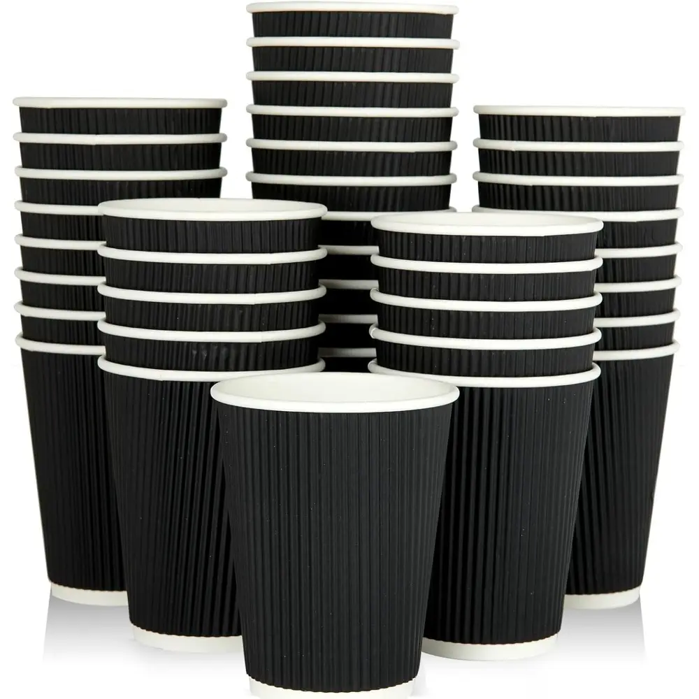 12oz Disposable Ripple Cups - Black, Heat-Resistant, Leak-Proof Insulated Kitchenware for Hot Drinks, Car Use (60 Count Pack)