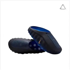 Black-Blue Gradient Mule Slides, Gold Accent, Silver-Grey Cushioning Massage Outsole, Perforated Upper, Futuristic Tech Slides
