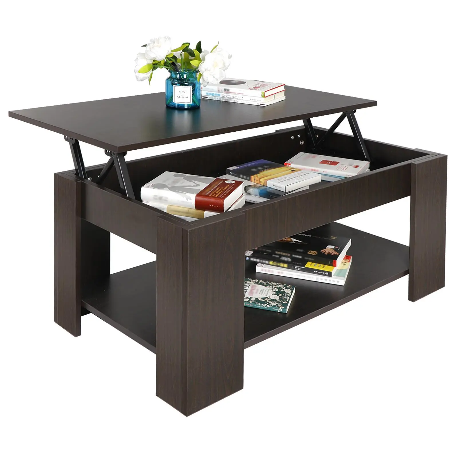Zeny Rectangular Lift-Up Storage Coffee Table with Hidden Compartment, Durable Brown Finish Indoor Furniture