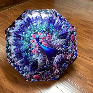 Elegant Umbrella Design with Peacock Flower Pattern, Compact & Stylish Rain Protection Accessory, Perfect for Daily Use Outdoor Activities, Lightweight Foldable Umbrella