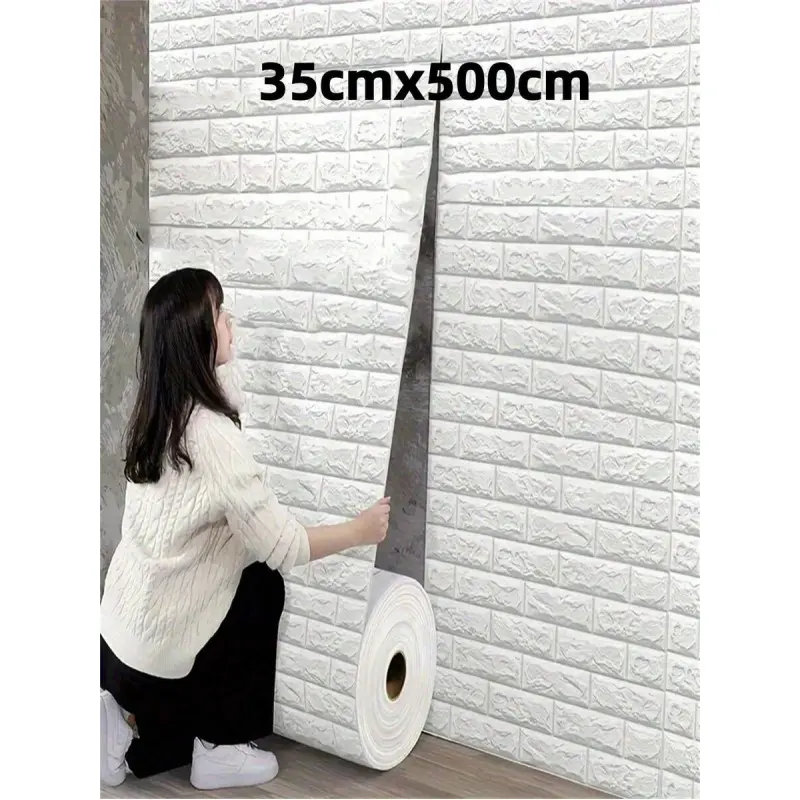 35cmx500cm 3D Brick Peel and Stick Wallpaper Bathroom, Self-Adhesive Waterproof Foam Wall Sticker, White Textured Wall Covering for Living Room, Bedroom & Home Decoration