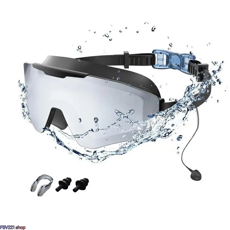 Adults' Swim Goggles Set with Wide View Anti-Fog Lens, Leakproof Silicone Seal, Built-in Earbuds, and Nose Clip for Lap Swimming