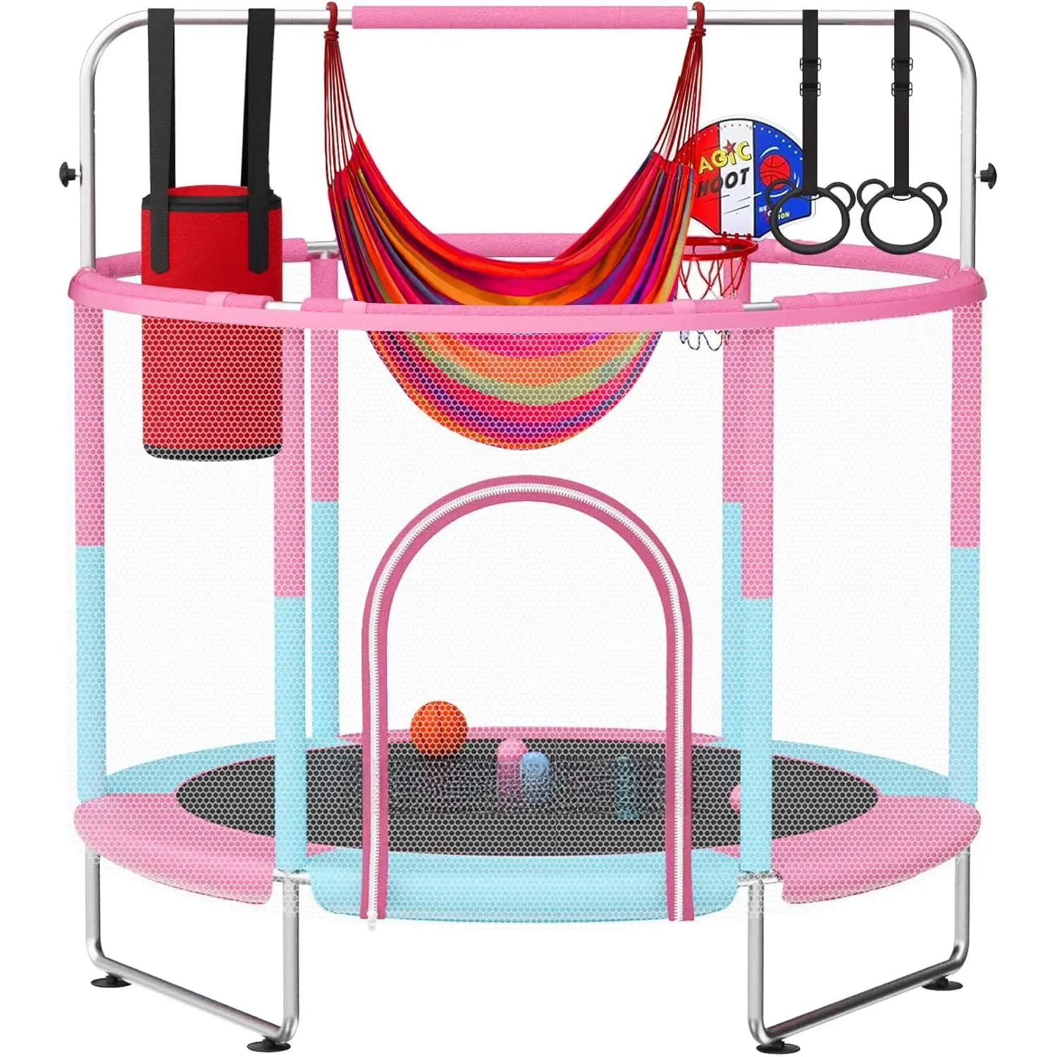 55in 6ft Toddler Trampoline with Basketball Hoop Attachment & Enclosure Net, Easy-to-Assemble Sports Toddler Toy for Indoor Backyard Garden Birthday Play, Toddler Toys, Christmas Gift