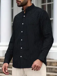 Men's Linen Striped Long Sleeve Shirt, Stand Collar Button Front Design, Comfortable Versatile Wear, Business Casual Fashion, All Seasons