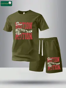 Men’s summer regular-fit cotton short-sleeve T-shirt and shorts set featuring an inspirational slogan print. Fashionable casual menswear for going out, with a pocketed athletic design and elastic drawstring waist. Suitable for running, golf, fishing, bask