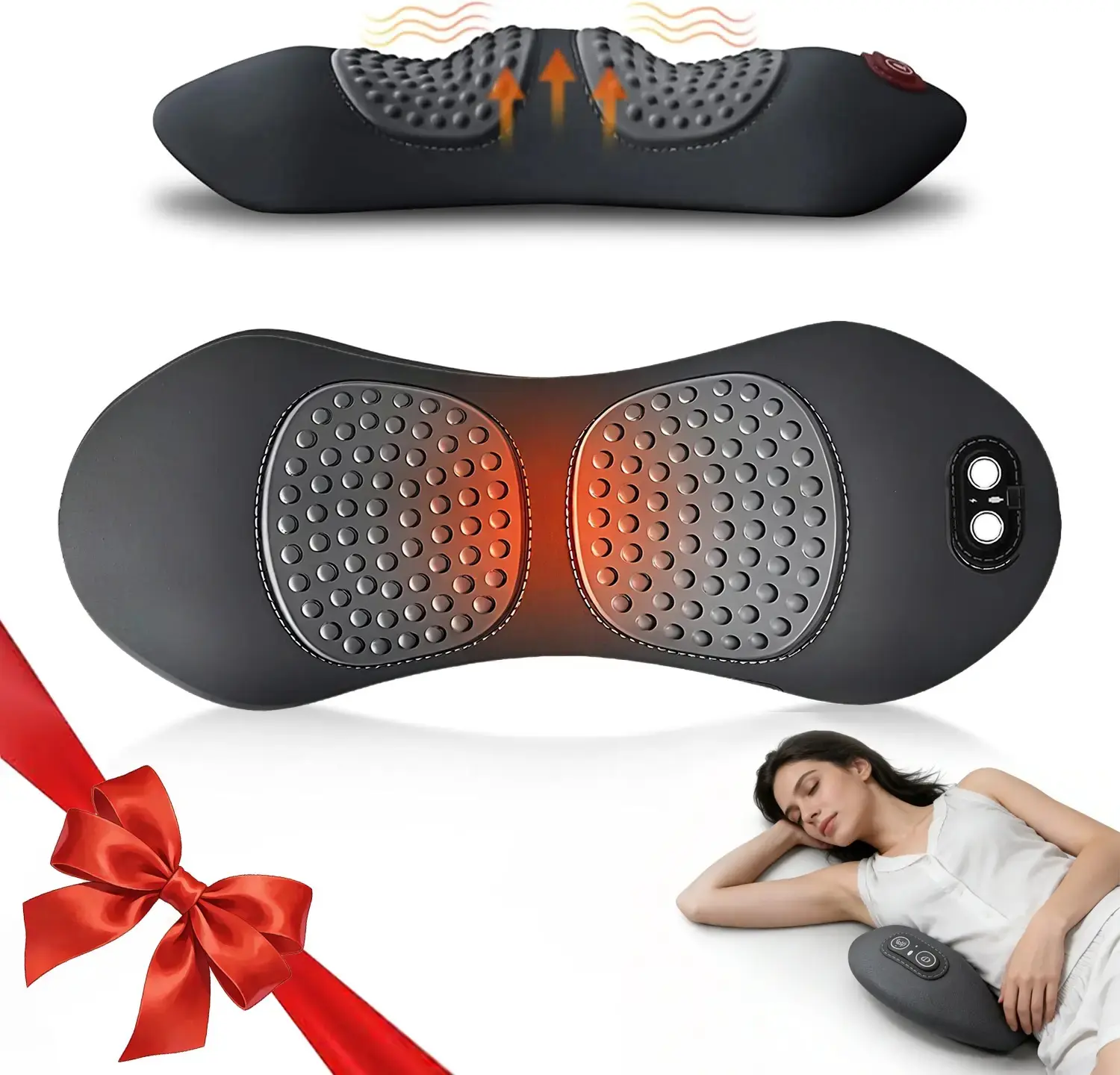 Menoly  3-in-1 Electric Lumbar Support Pillow with Heat - Rechargeable Deep Tissue Massage Device for Back Health Solutions, Adjustable Height Memory Foam Bolster for Bed & Chair, Black (Plug-In)