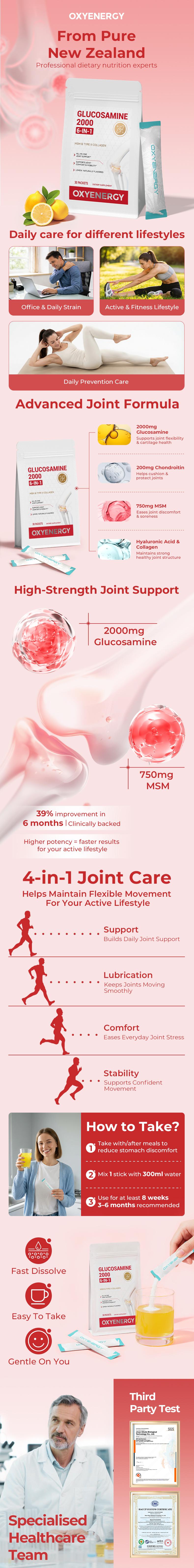 OXYENERGY Glucosamine Chondroitin MSM 2000 mg, 6 in 1 Joint Support Supplement for Men & Woman with MSM, Hyaluronic Acid & Chondroitin Sulfate, Advanced Joint Support & Repair, Fast Absorbing, 30 Packets
