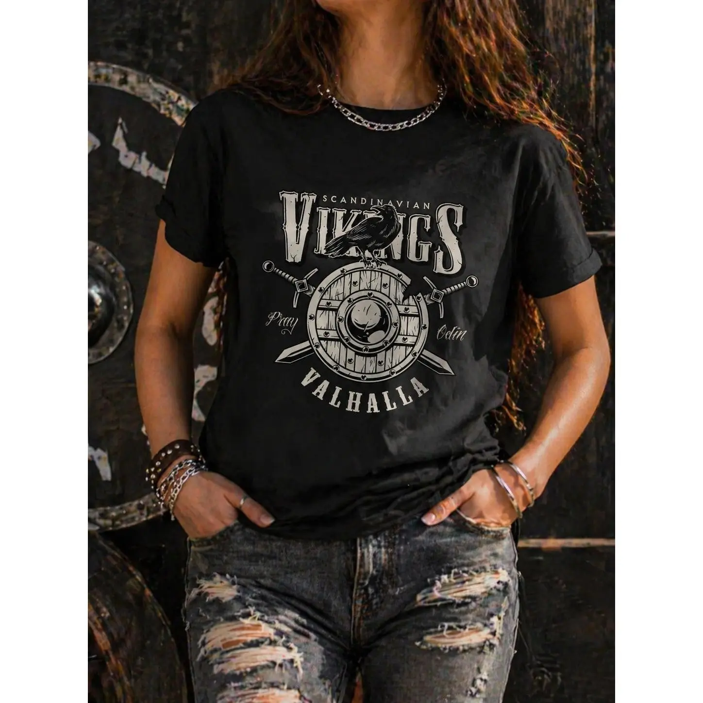 Women's Viking Valhalla Graphic Cotton T-Shirt - Everyday Basic, Breathable Lightweight Fabric, Scandinavian Norse Raven & Shield Print, Crew Neck Short-Sleeve, Black Casual Tee for Viking Culture Fans (Fits True to Size)