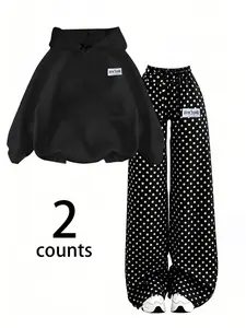 Women's Hoodie Set with Polka Dot Wide Leg Pants, Casual Streetwear, Soft Fabric, Comfortable Fit, Perfect for Daily Wear
