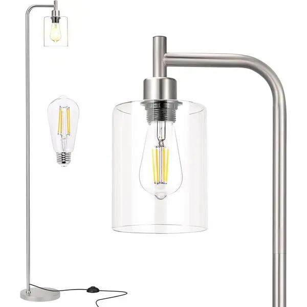 Ziisee Floor Lamps for Living Room - Industrial Standing Lamp with Glass Shade, Modern Floor Lamp with LED Bulbs, Tall Lamp for Bedroom Office - Brushed Nickel