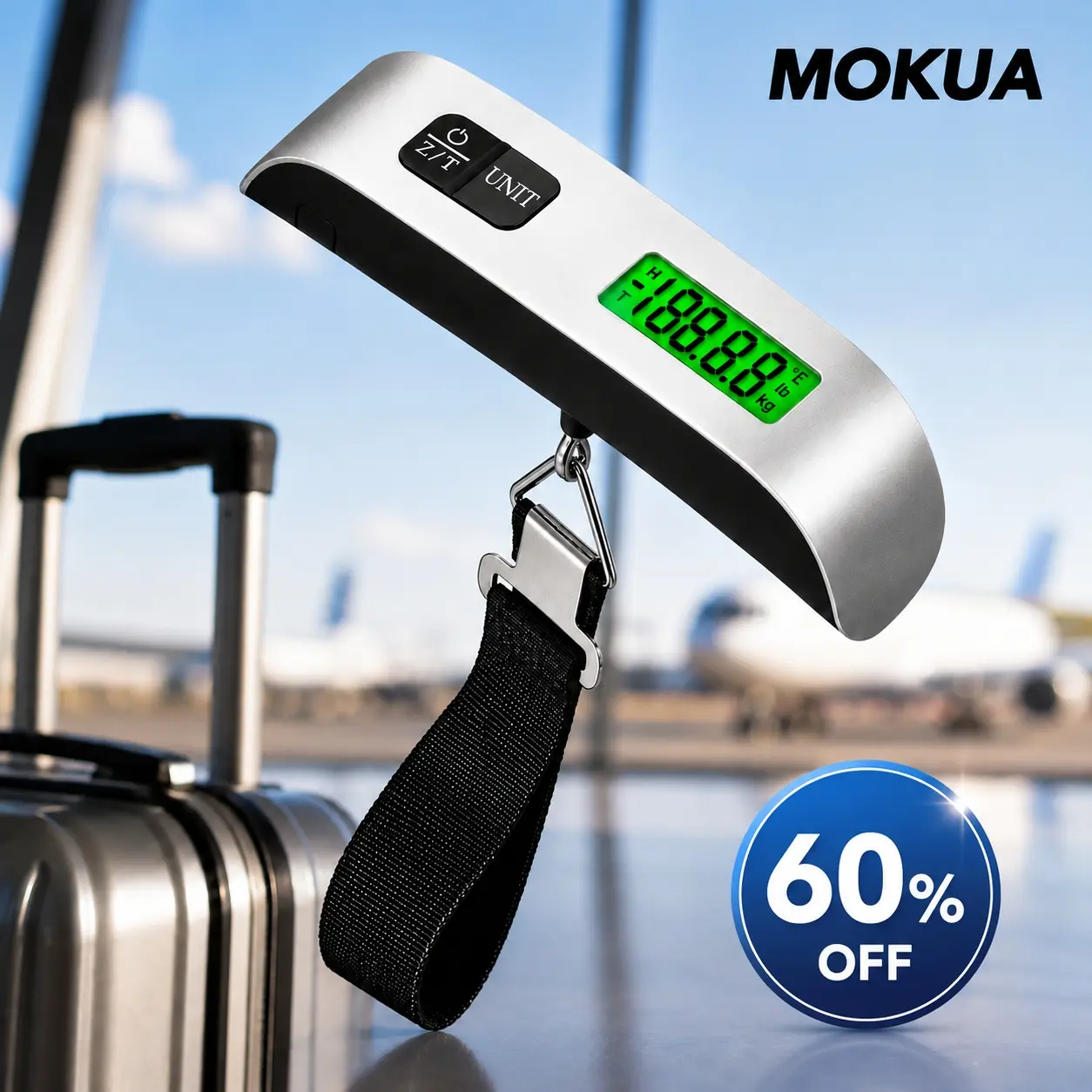 MOKUA Digital Luggage Scale, 110 LB Travel Baggage Scale with Backlit LCD & Data Lock, Portable Suitcase Weight Scale with Hook & Strong Strap