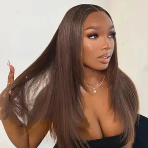 Wear and Go Glueless Wigs Human Hair Pre Plucked Pre Cut #4 Brown Color Yaki Straight Wig for Black Women Human Hair Wig