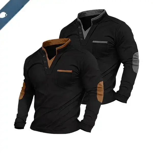 2 Pack Men's Multifunctional Spring, Autumn and Winter Lapel Shirt, Brown Elbow Detail, Imitation Two piece Design, Layered Knitted Classic Golf Shirt, Stylish Sports Jacket, Business Casual Party Vacation Travel Men's Top, POLO Shirt