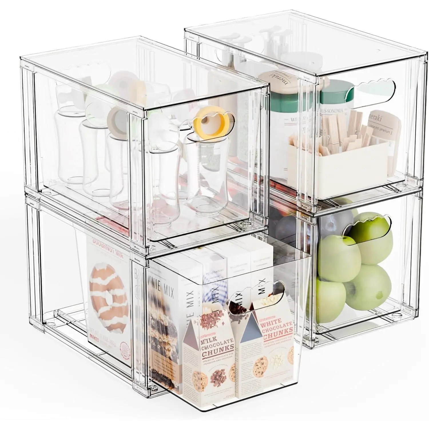 4 Pack Large Stackable Storage Drawers,11?Deep Under Cabinet Organizer, Bottle Organizer,Clear Stacking Pull Out Drawer, Storage Containers Bins for Organizing Snack,,Makeup