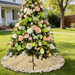 48 Inch Burlap Tree Skirt with Ruffle Border Linen Rustic Farmhouse Decorations for Christmas Summer Thanksgiving Mother's Day All Year Holiday Party Decor
