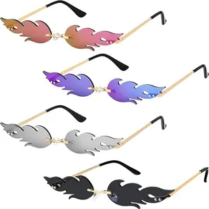 4 Pairs Fire Flame Sunglasses Rimless Flame Shaped Sun Glasses Wave Fire Shaped Glasses for Women Men Party Supplies Photo Props ( Silver, Purple, Gray and Pink)