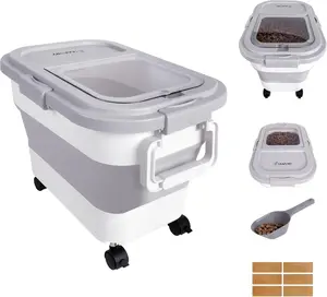 Wood Pellet Storage Container 20-25Lbs, Airtight Bin with Locking Lid & Clear Window, Collapsible Pellet Bucket with Wheels, Scoop & Labels, Gray Leafory