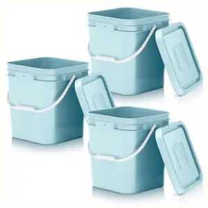 3 Pcs 3.5 Gallon Square Food Grade Buckets with Lids Aqua Plastic Pails with Handlesfor Charcoal Camping Fishing