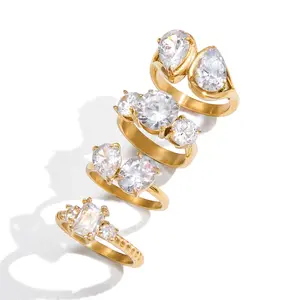 18K gold stainless steel double-stone ring with water drop/round/emerald cut white zirconia, sparkling and stylish design, a preferred daily gift for women