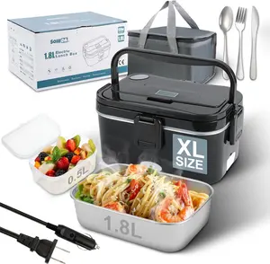 1.8L+0.5L Heated Lunch Box for Men, 80W Electric Lunch Box with Long-handled Utensils for Adults, 12V/24V/110V Lonchera Eléctrica Portátil, Portable Food Warmer for Car/Truck/Office (Black)